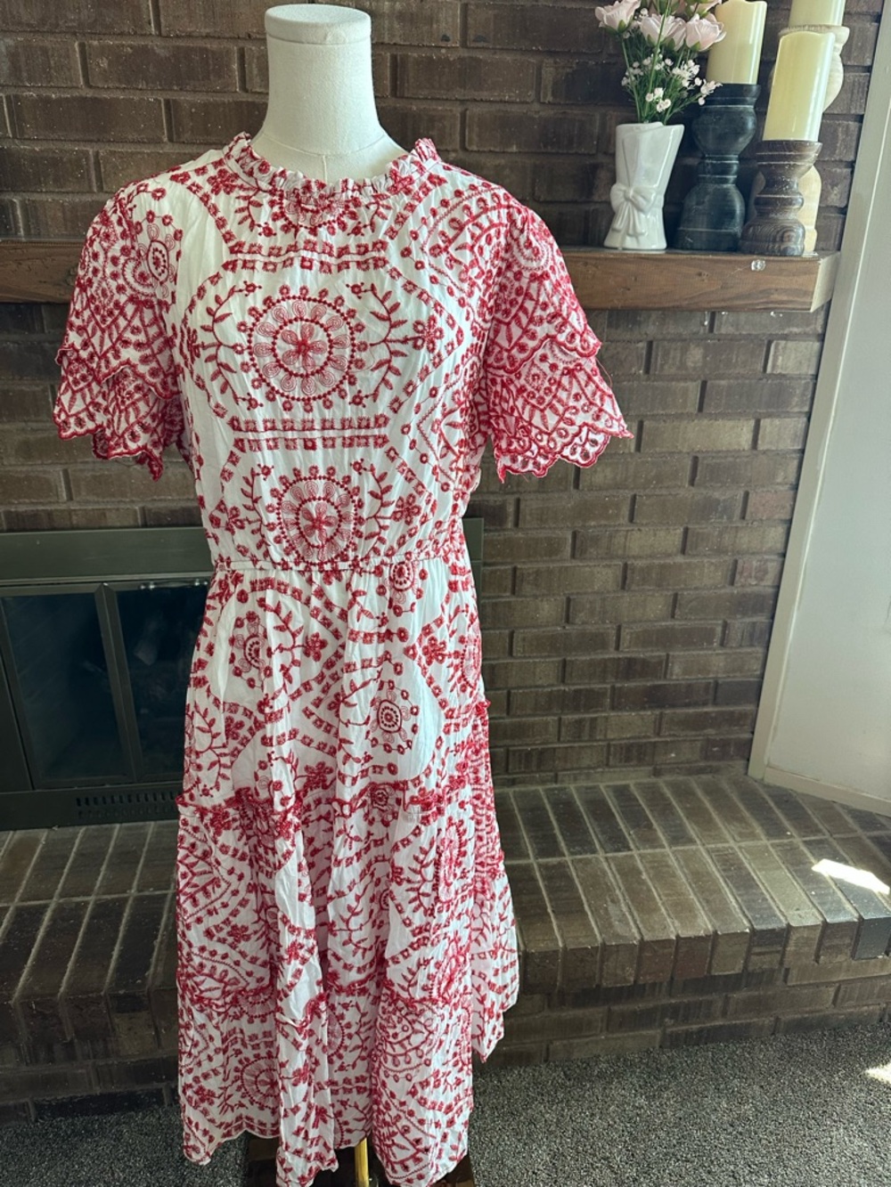 NWT Hayden LA Boho Embroidered Eyelet Lace Midi Red White Scallop Sleeve 1XL - Picture 4 of 11